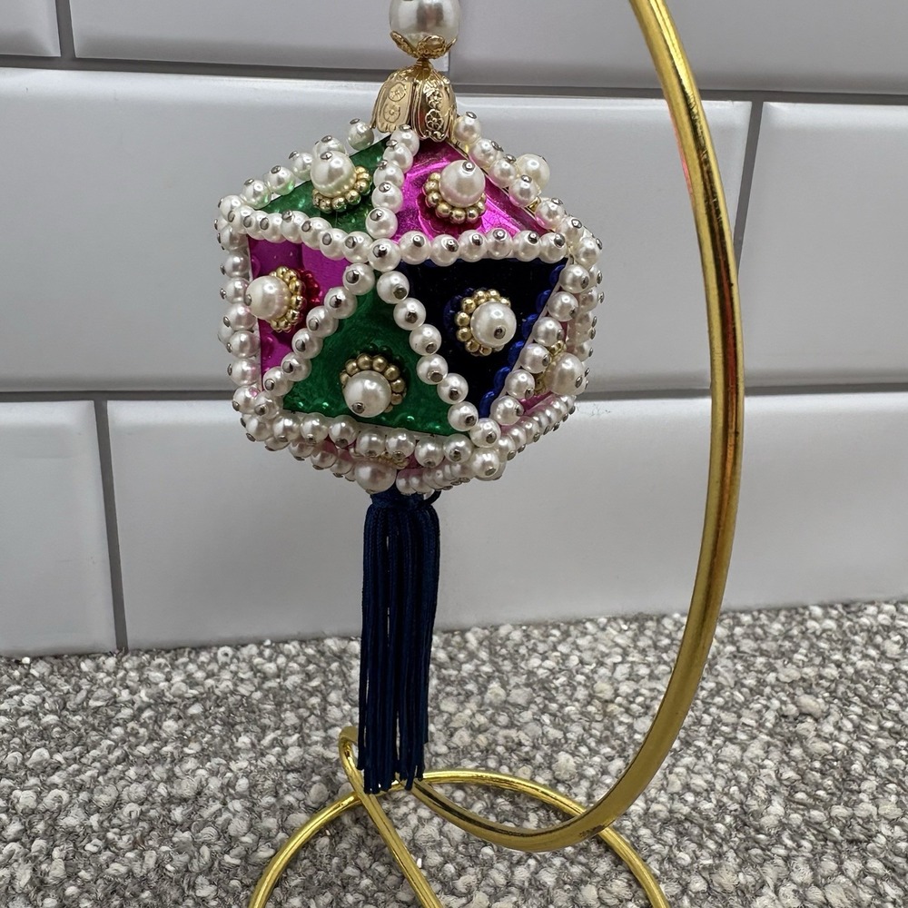 Vtg Christmas Ornament Geometric Push Pin Beaded Foil Faux Pearl w Tassel - Picture 6 of 10